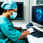 A highly skilled professional surgeon, fully clothed in clean, modest surgical scrubs and a medical cap, sitting comfortably at an advanced robotic surgical console. The surgeon is intently focused on the high-resolution 3D display, with gloved hands precisely manipulating ergonomic joysticks. The scene is set in a modern, sterile operating room, featuring sleek medical equipment and soft, professional lighting. The surgeon's pose is natural and focused. Perfect anatomy, correct proportions, well-formed hands, proper finger count, natural body proportions. Safe for work, appropriate content, fully clothed, professional, family-friendly.