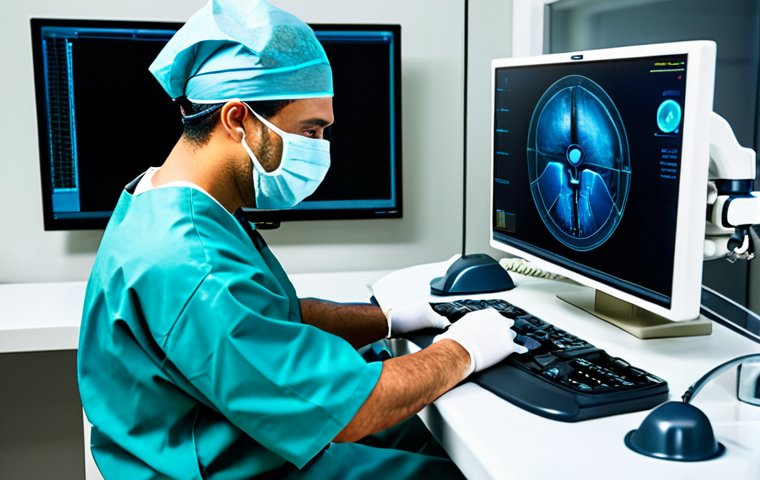 A highly skilled professional surgeon, fully clothed in clean, modest surgical scrubs and a medical cap, sitting comfortably at an advanced robotic surgical console. The surgeon is intently focused on the high-resolution 3D display, with gloved hands precisely manipulating ergonomic joysticks. The scene is set in a modern, sterile operating room, featuring sleek medical equipment and soft, professional lighting. The surgeon's pose is natural and focused. Perfect anatomy, correct proportions, well-formed hands, proper finger count, natural body proportions. Safe for work, appropriate content, fully clothed, professional, family-friendly.