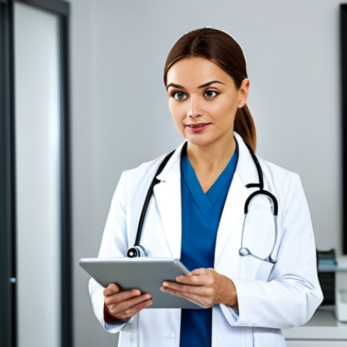 **

A professional female doctor in a modern clinic, wearing a white coat and stethoscope, fully clothed, reviewing medical records on a tablet. The background shows a clean and bright examination room. Focus on her confident and caring expression. Safe for work, appropriate content, modest, professional medical environment, perfect anatomy, natural proportions, high quality.

**