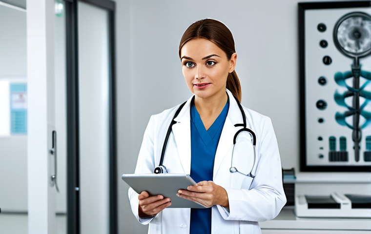 **

A professional female doctor in a modern clinic, wearing a white coat and stethoscope, fully clothed, reviewing medical records on a tablet. The background shows a clean and bright examination room. Focus on her confident and caring expression. Safe for work, appropriate content, modest, professional medical environment, perfect anatomy, natural proportions, high quality.

**