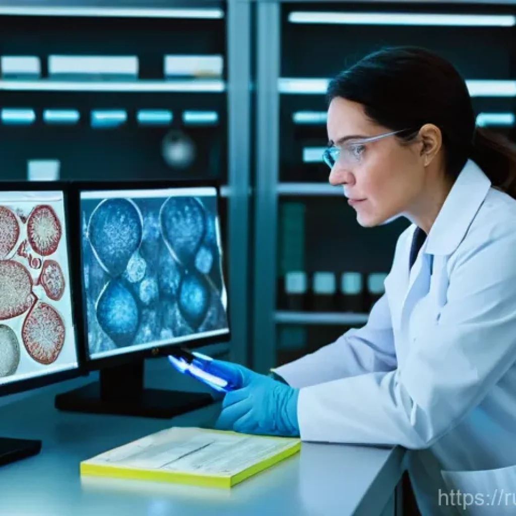 종양병리학 - **Prompt 1: The Silent Detective of the Microcosm**
    A focused, mid-career female pathologist, we...