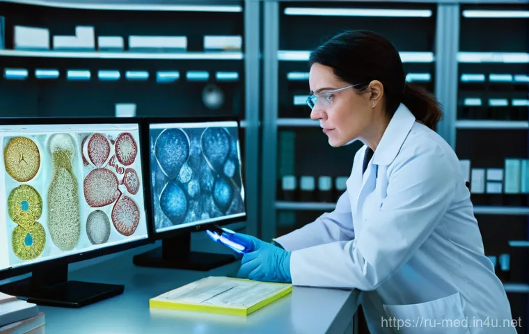 종양병리학 - **Prompt 1: The Silent Detective of the Microcosm**
    A focused, mid-career female pathologist, we...