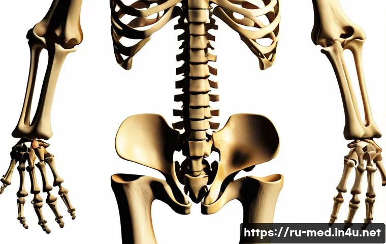 근골격계 해부학 - A detailed anatomical illustration of the human skeletal system focusing on various types of bones: ...