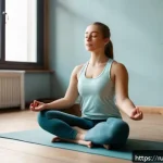 보완대체의학 - A serene indoor scene of a young Russian woman practicing the "4-7-8" breathing technique in a cozy ...