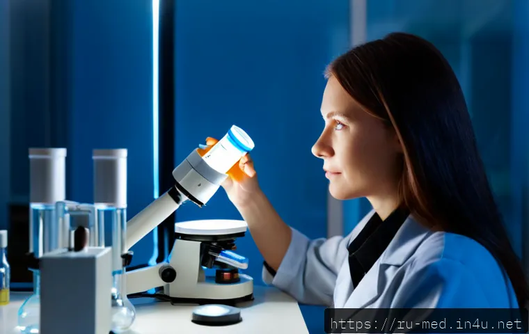 Home 17 암 발생 기전 - Photorealistic medical science scene, Russian female oncology researcher in a modern Moscow laborato...